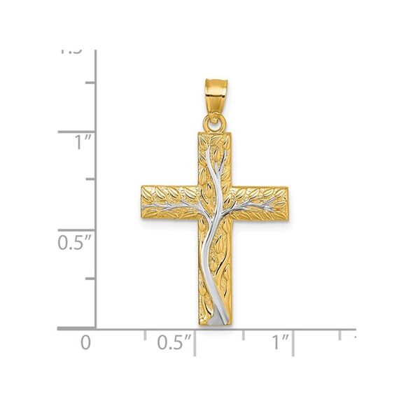 14K Yellow and White Gold Floral Tree with Leaves Cross Pendant (NO CHAIN)
